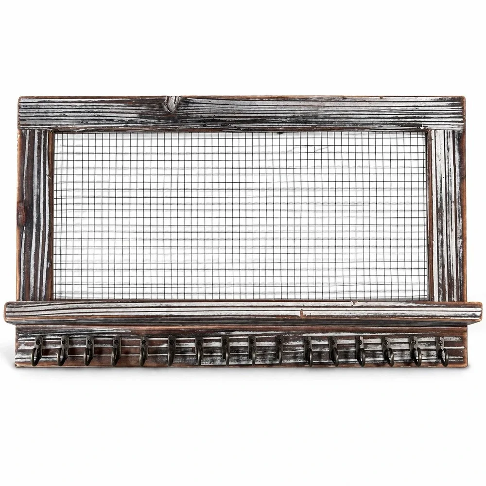 Rustic Farmhouse Wall Mounted Key Holder Jewelry Organizer Wire Mesh Wood Shelf